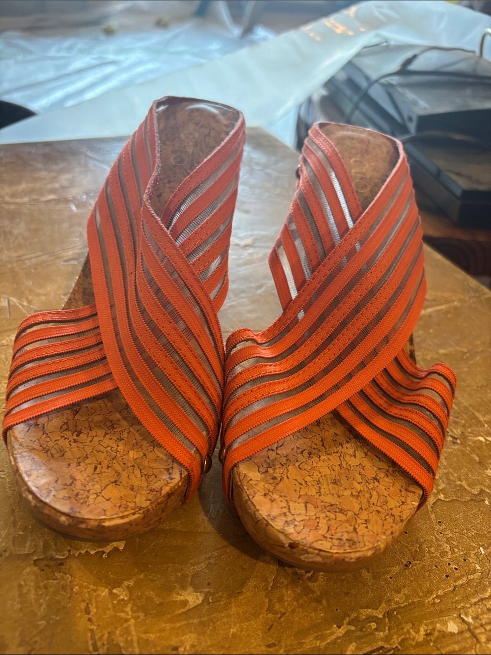 Cato Orange and clear Striped Cork Wedge Sandals